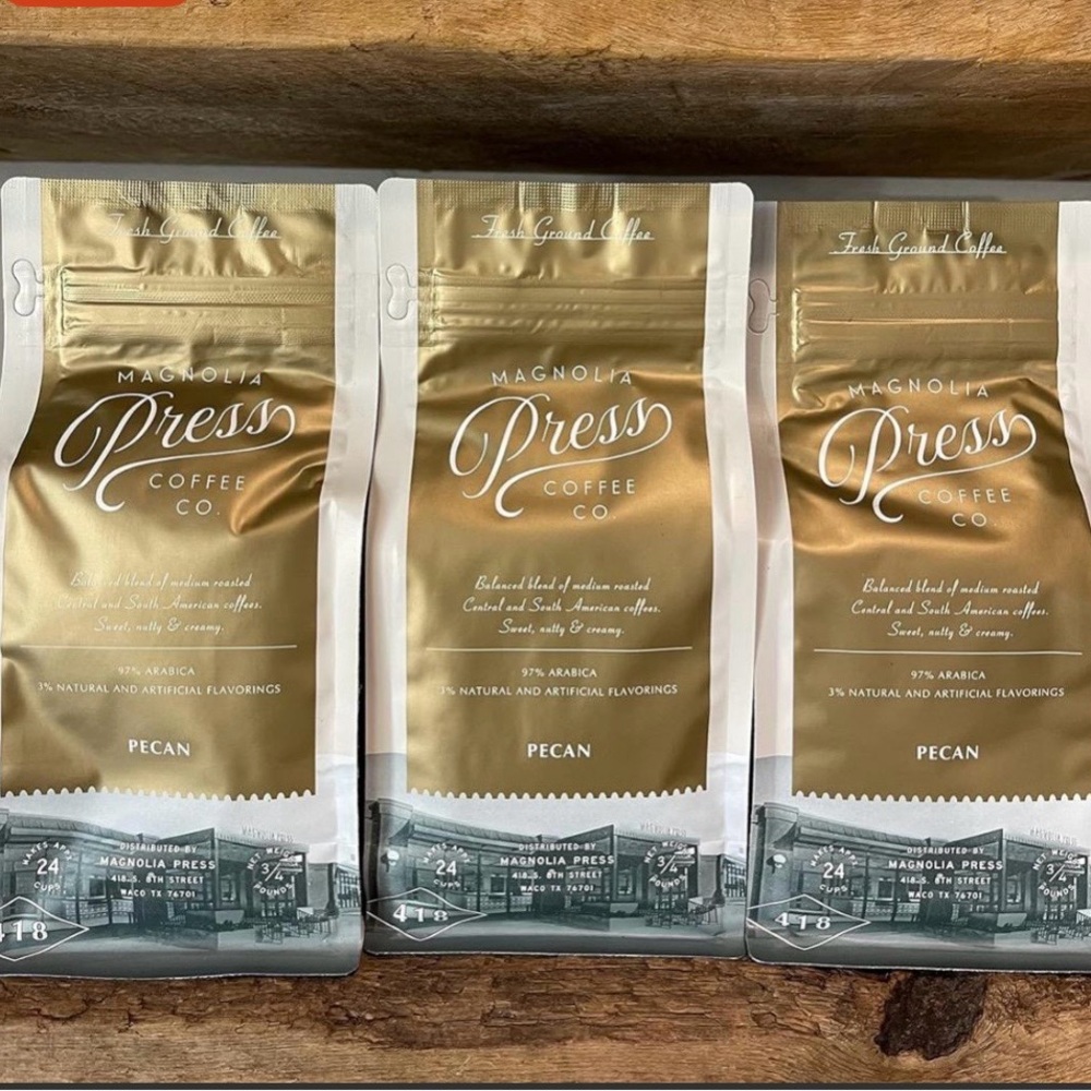 Magnolia Press Coffee Co Pecan Blend in Gold and White